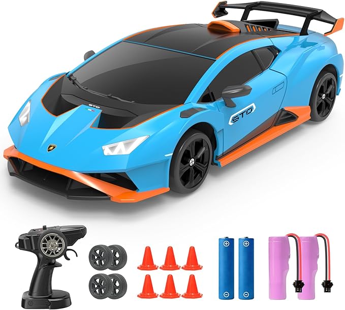 YONCHER RC Drift Car Remote Control Car for Kids Lamborghini Officially Licensed 1:24 20KM/H 4WD with Lights Fast Racing Toy Car for Boys Girls Blue