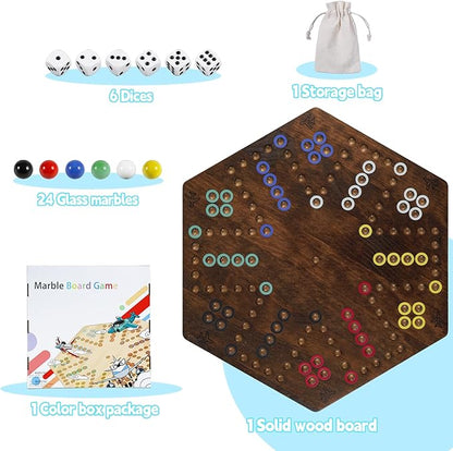 Wahoo Board Game - 23.6 inch Marble Game Board with 24 Glass Marbles and 6 DiceSolid Wood Double-Sided Game Board for 4 or 6 Players - Family and Party Game