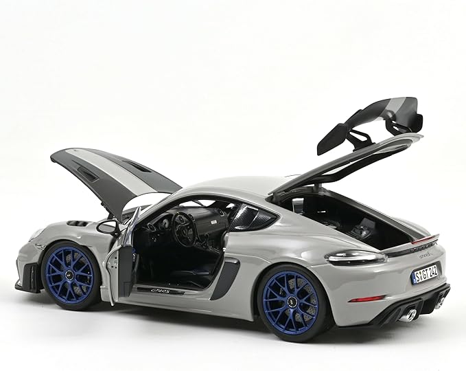 Norev 187253 2023 Porsche Cayman GT4 RS Weissach Pack Chalk Gray with Carbon Hood Stripes 1-18 Scale Diecast Model Car