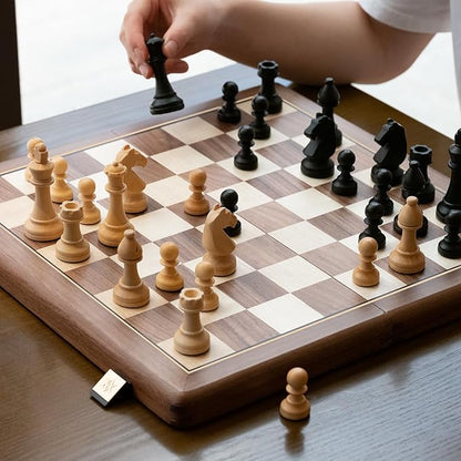 A&ampA Premium Folding Chess Board Game Set 15 Wooden Chess Board &amp 3 King Height Staunton Chess Pieces with 2 Extra Queens Portable Travel Chess Set (Natural Walnut 15 Inches)