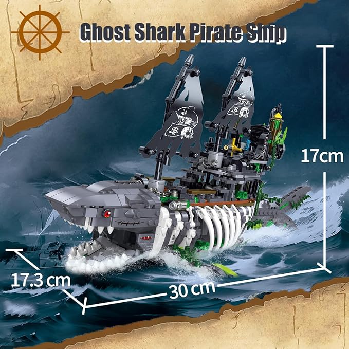 Ghost Shark Pirate Ship Mini Building Blocks Set (1155 Pieces) Building Set Model Toys Gifts for Kid and Adult Interesting Gifts for Pirate Ship Enthusiasts