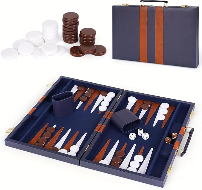 15-Inch Portable Backgammon Set with Faux Leather Case –Classic Board Game with Dice Chips &amp Doubling Cube for Travel &amp Home Entertainment