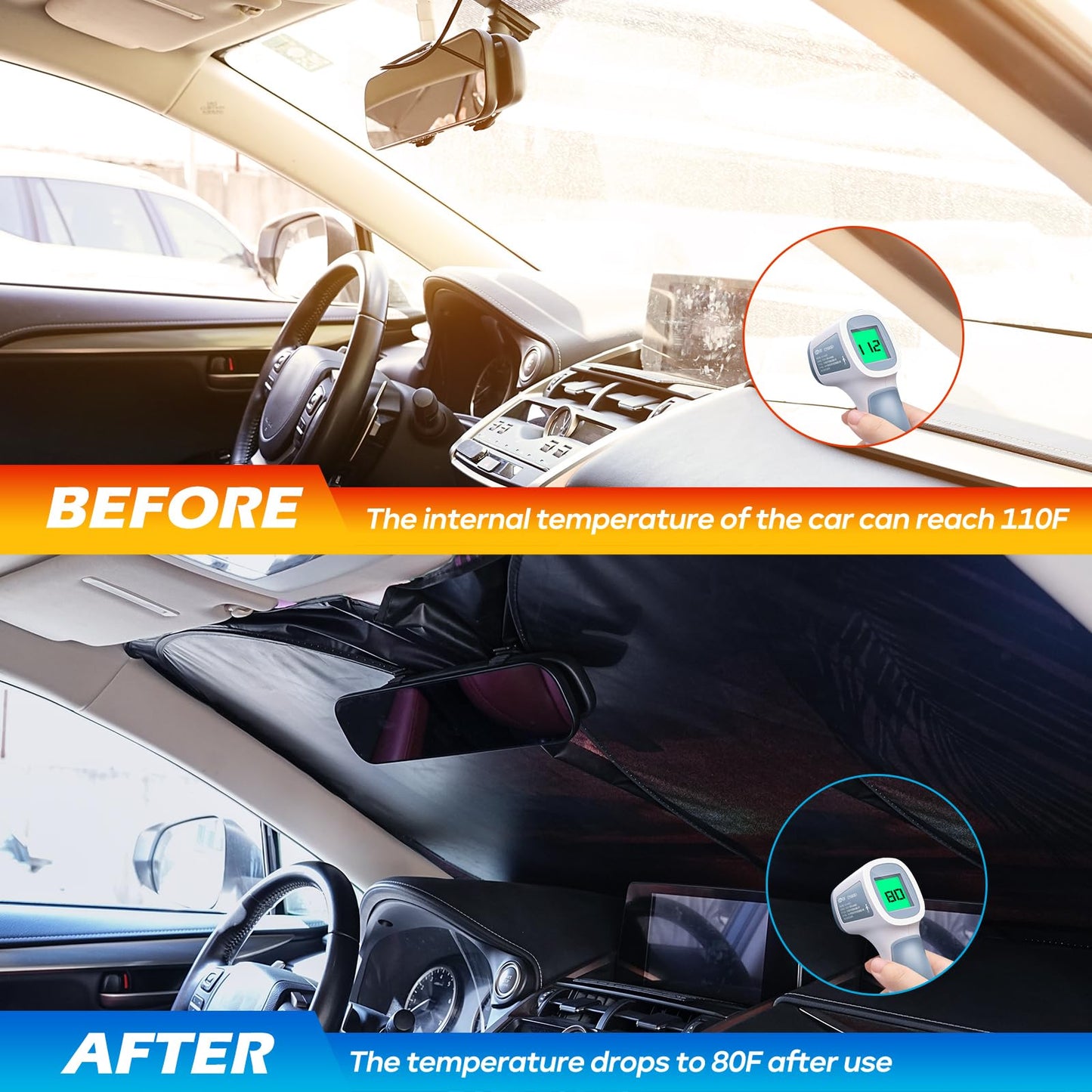 Car Windshield Sun Shade - Reflector Sunshade Offers Ultimate Protection for Car Interior, Cool Reflective Sun Blocker Fits Small Sedans, Mini SUVs