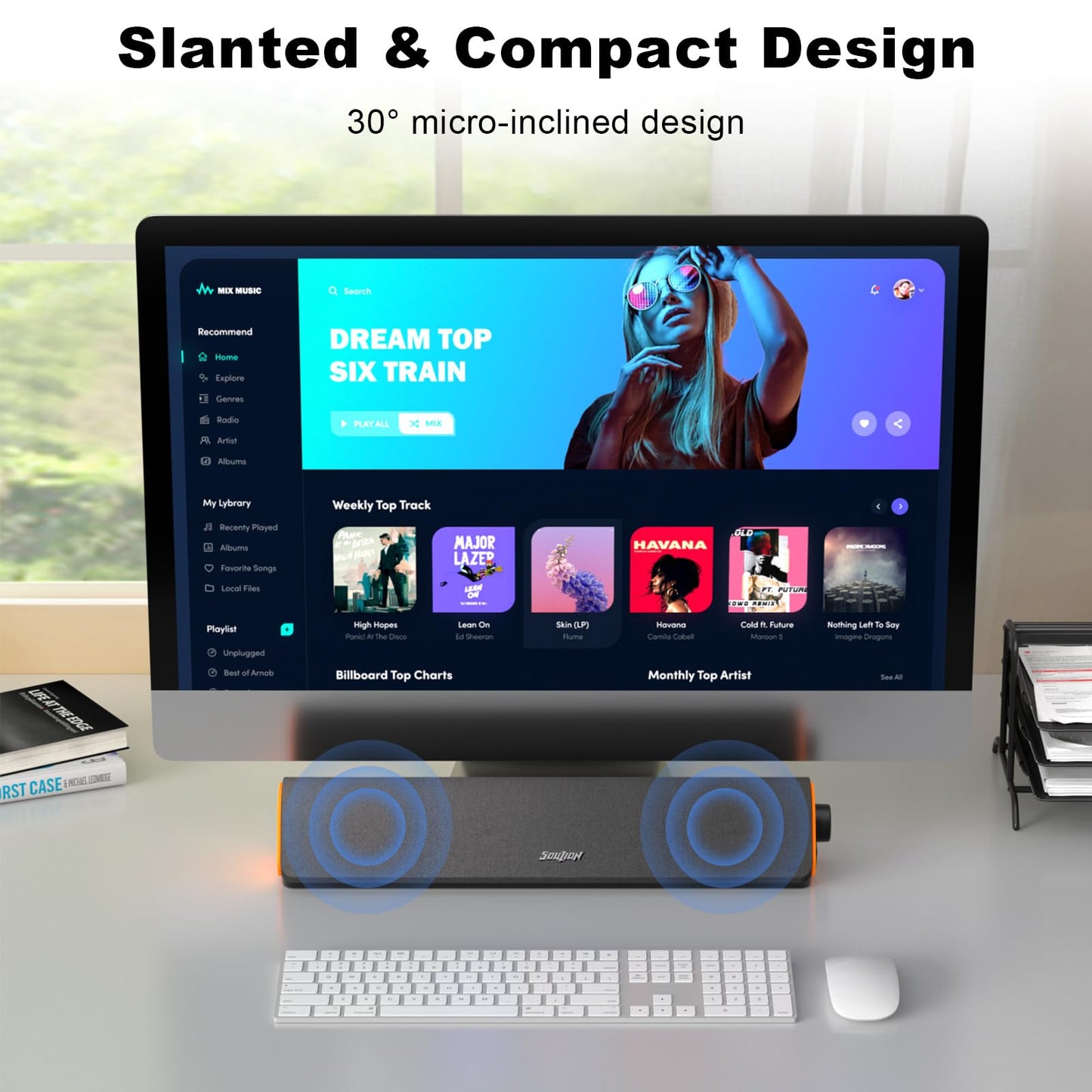 SOULION R50 Bluetooth Computer Speakers, 3.5mm PC Sound Bar for Desktop Monitor, Wired USB Powered & Colorful LED Lights with Switch Button, Surround Sound Soundbar PC Spearkers for Computer
