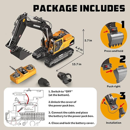 Remote Control Excavator Toys for Boys 3 in 1 RC Excavator Toy with Alloy Bucket Rock Breaker and Grapples - Rotatable 680° Lights and Sounds RC Construction Toys for Boys Age 3+