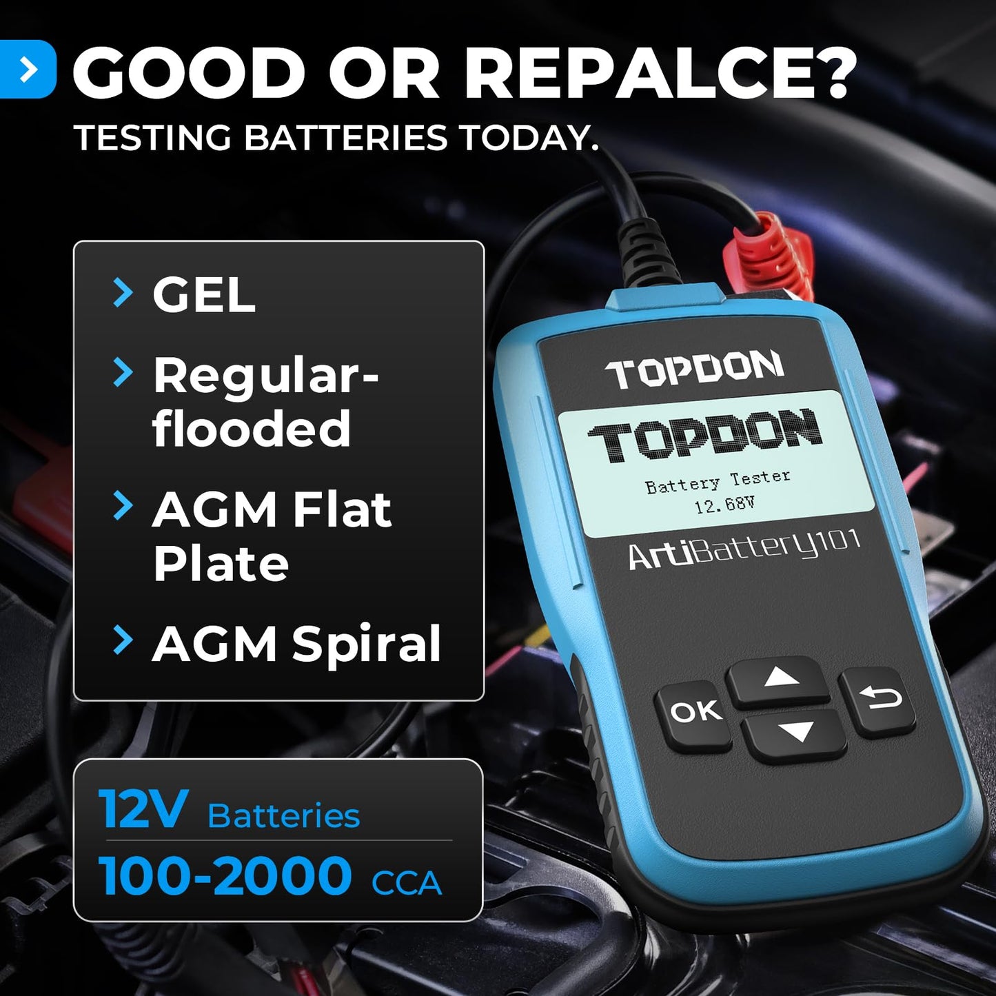 TOPDON AB101 Car Battery Tester 12V Car Battery Load Tester on Cranking Charging Systems, 100-2000 CCA Automotive Alternator Analyzer for Cars/SUVs/Light Trucks with Flooded AGM Gel Types