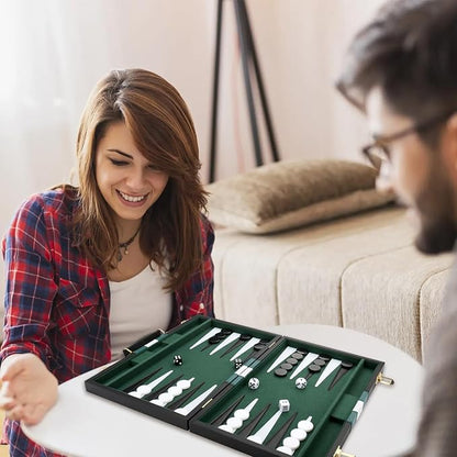 Backgammon Set - Classic Board Game with Premium Leather Case - Portable Travel Strategy Backgammon Game Set for Adults Kids - Suitable as (15inch Black)