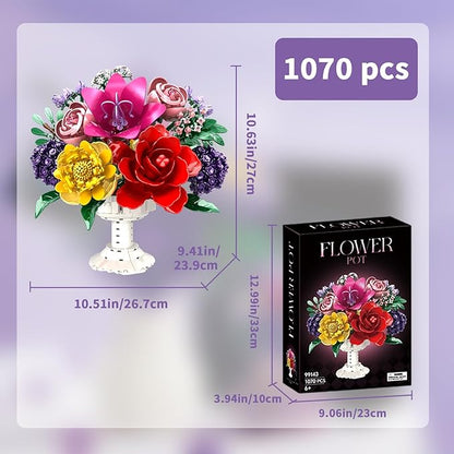 1070Pcs Flower Bouquet Building Set Artificial Fake Flowers Bridal Wedding Building Blocks Botanical Collection DIY Craft for Adults &amp Kids Girlfriend Wife Valentine’s Day Birthday Home Table D