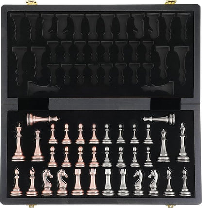 15-Inch Large Metal Chess Set for Adults and Kids with Metal Chess Pieces – Foldable Wooden Board with Storage Portable Classic Game Set for Travel &amp Home Elegant Gift for Chess Enthusiasts