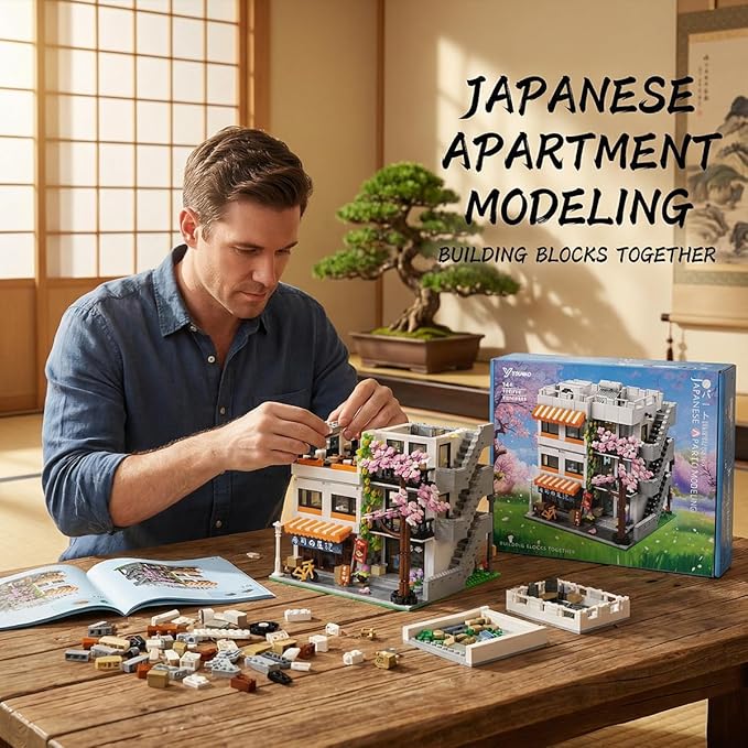Japanese Apartment Building Street View Building Blocks Set - 3-Story Japan Cherry Blossom Architecture House with 5 Figures &amp LED Lights Christmas Bithday Gift for Aduls（3910PCS）