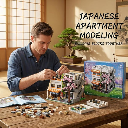 Japanese Apartment Building Street View Building Blocks Set - 3-Story Japan Cherry Blossom Architecture House with 5 Figures &amp LED Lights Christmas Bithday Gift for Aduls（3910PCS）
