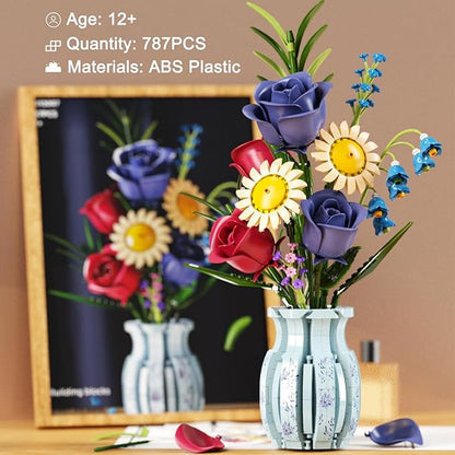Flower Bouque Building Set with Vase 787 PCS Botanical Collection Building Block Toy Roses Sunflower Artificial Flowers Home Decor Gift for Adults Kids 12+