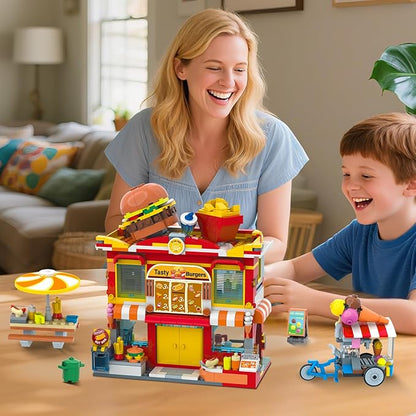 HOGOKIDS City Burger Truck House Building Toy - 2 in 1 Burger Van and Restaurant Building Blocks Set Mobile Ice Cream Food Cart Tables Restaurant Playset Valentines Gift for Kids Boys Girls 6+(826PCS)