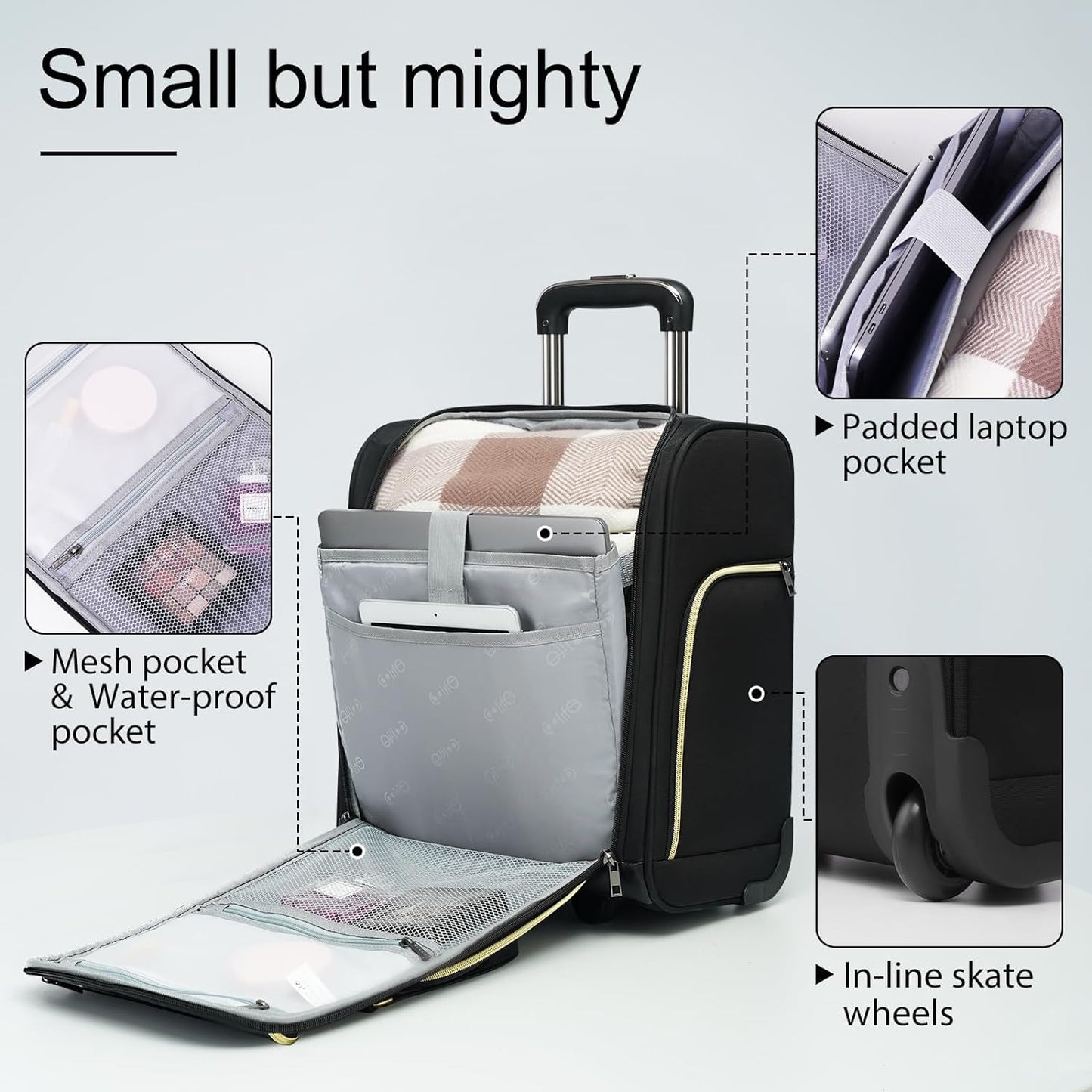 Coolife Luggage Carry On Luggage Underseat Luggage Suitcase Softside Wheeled Luggage Lightweight Rolling Travel Bag Underseater (Champagne Gray, Carry-On 16-Inch)