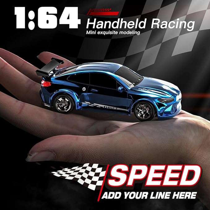 1:64 Scale Mini RC Drift Car 2.4GHz 4WD Full Proportional Model Vehicle with LED Lights Racing Sport Toy for Adults Teens (Blue)