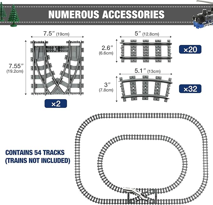 Classic City Train Tracks 54 Pieces Railroad Track with 32 Curved 20 Straight and 2 Switch Train Tracks Train Expansion Accessories Compatible with All Major Train Tracks
