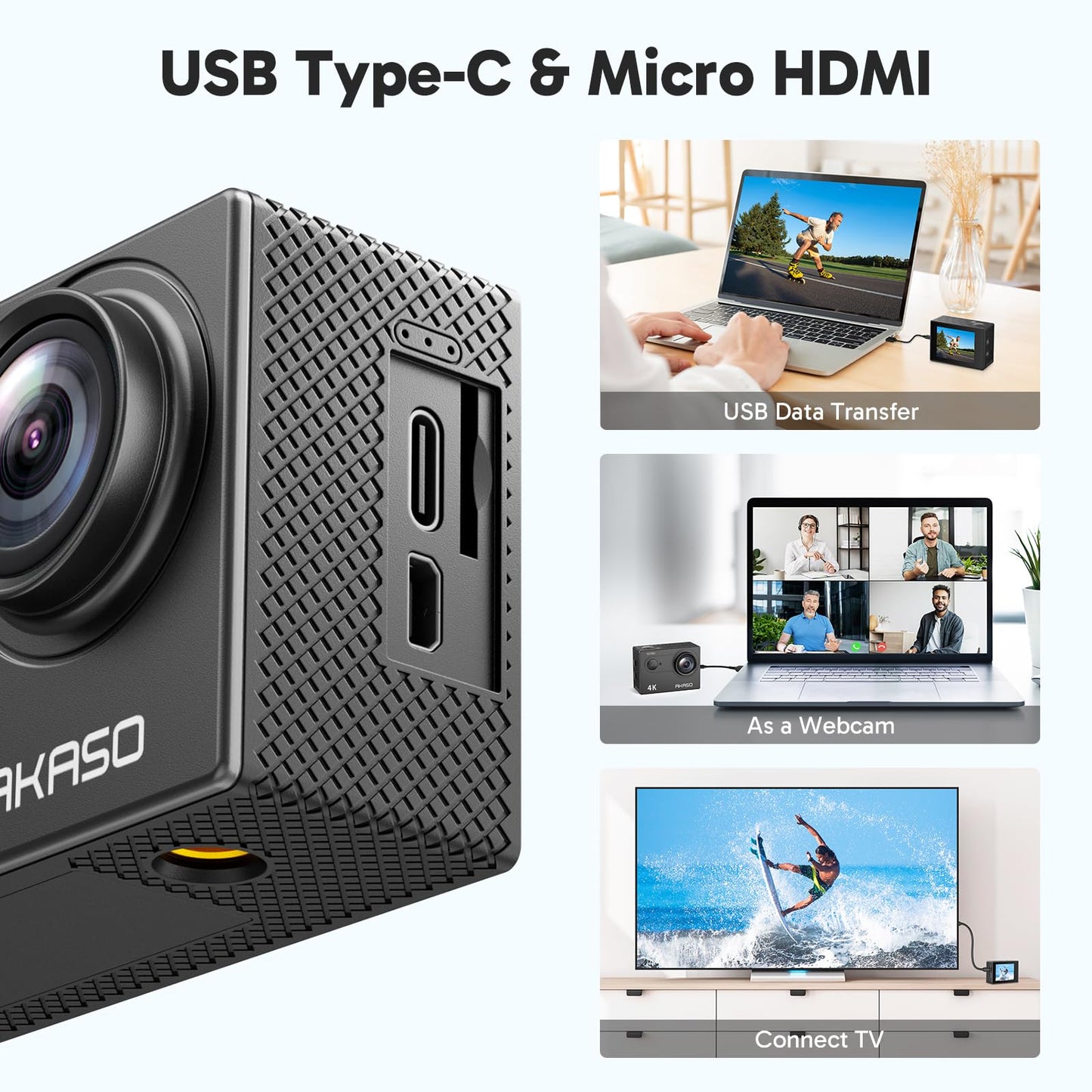 AKASO EK7000 4K30fps Action Camera with 64GB MicroSDXC U3 Memory Card Accessories Kit Bundle Ultra HD 131FT Waterproof Underwater Camera EIS WiFi Remote Control 4X Zoom, Black