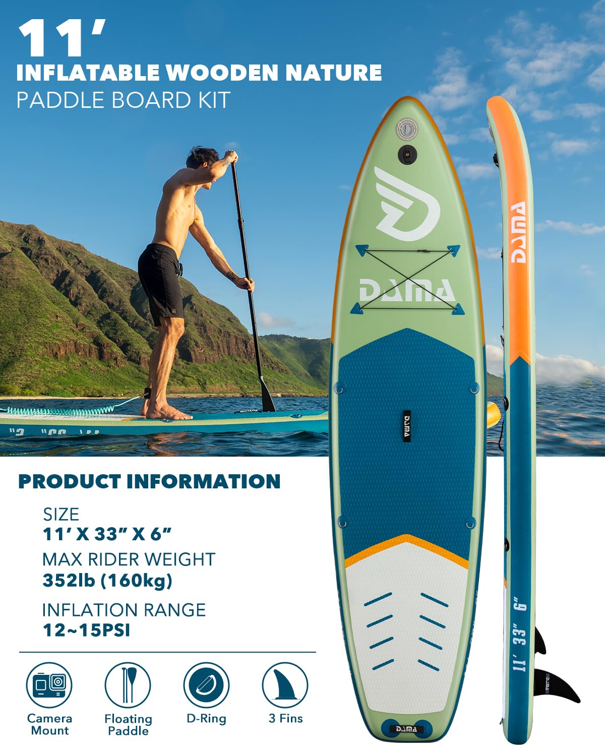 DAMA Inflatable Stand Up Paddle Board 11'x33" x6", Inflatable Yoga Board, Dry Bags, Camera Seat, Floating Paddle, Hand Pump, Board Carrier, Durable & Stable for 3 People