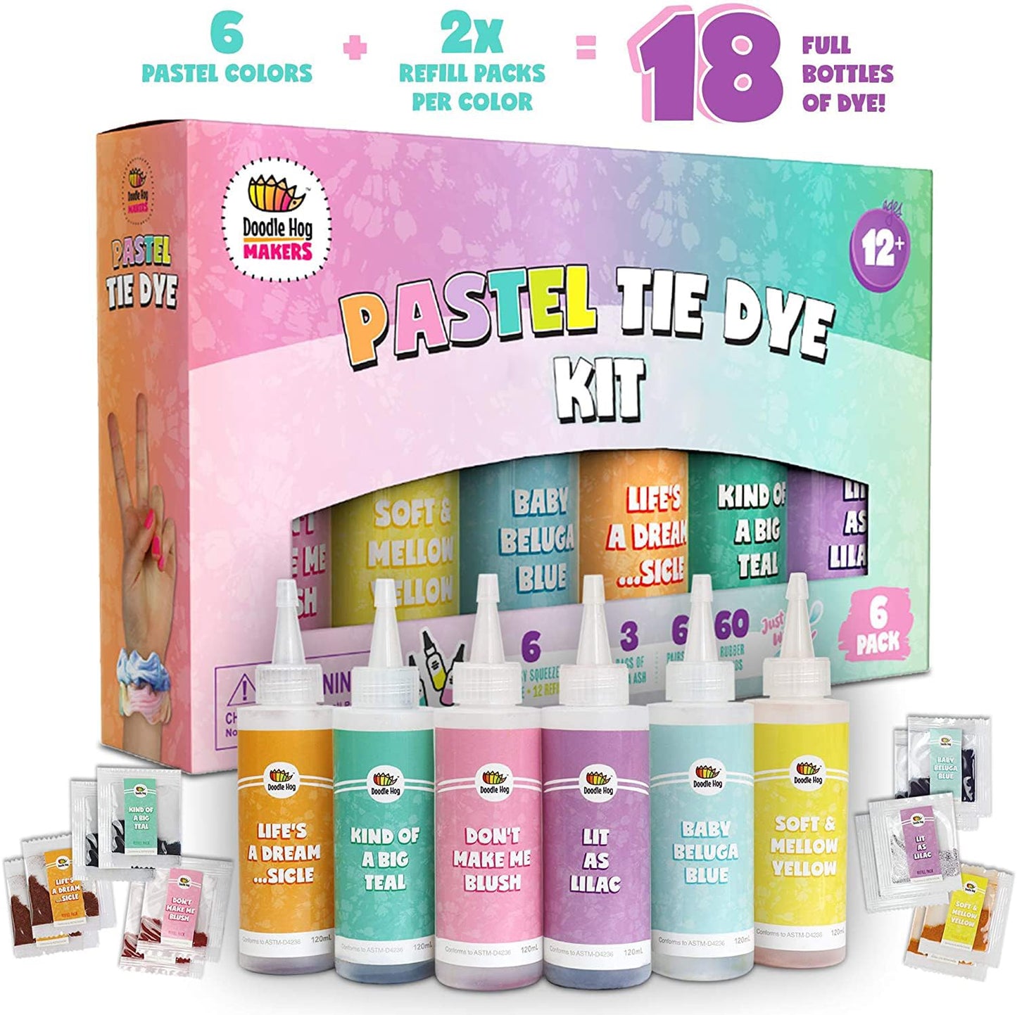 DOODLE HOG Pastel Tie Dye Kit for Large Groups, DIY Tie Dye Kit for Kids, Clothing Dye Supplies, Tie Dye Kits for Adults, 6 Full Bottles, 12 Refills Packets