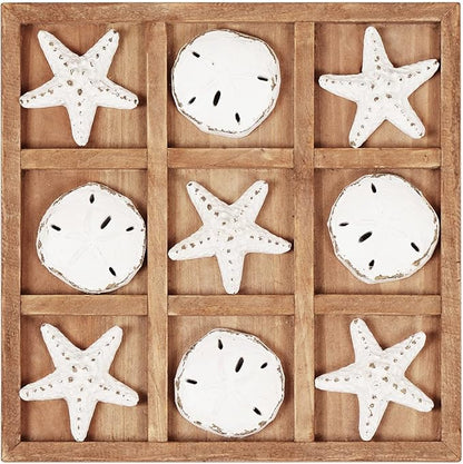 NIKKY HOME Beach Tic Tac Toe for Fun Starfish Sand Dollar Coastal House Coffee Table Decor Wood Board Travel Game 8.97 by 8.97-in Distressed White