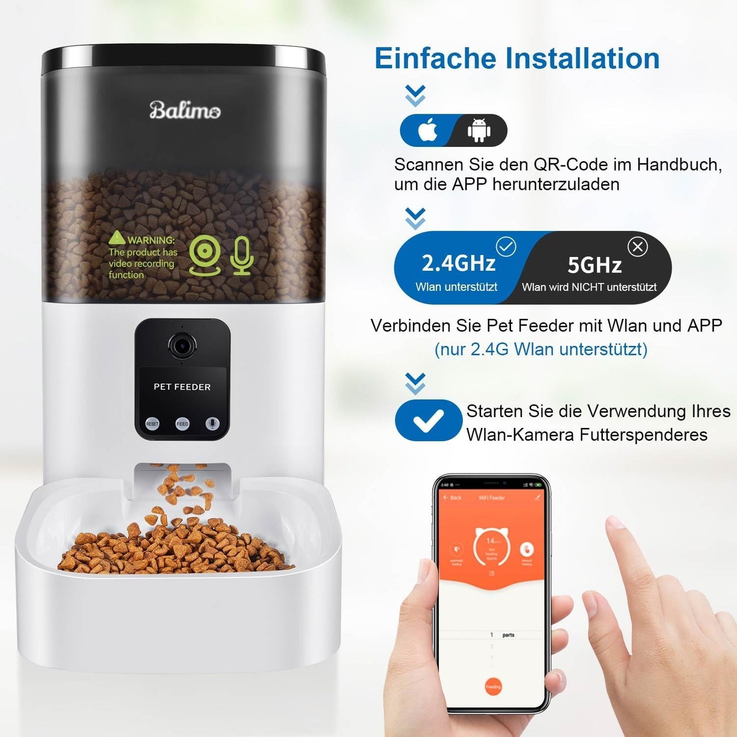 Balimo Automatic Cat Feeder with HD 1080P Video, 4L WiFi Automatic Cat Feeder with App Control & Night Vision, up to 20 Servings and 8 Meals per Day (Only 2.4G WiFi)