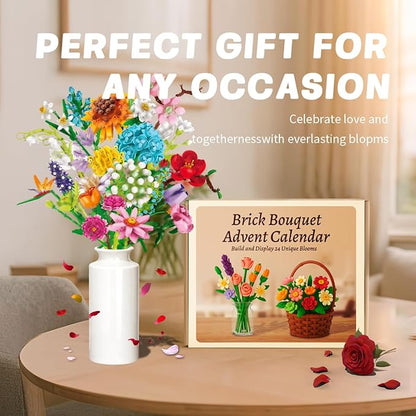 Flower Building Block Bouquet Kit for Women DIY Brick Flowers Craft Set with Adjustable Stems and Petals Creative Botanical Construction Toy for Desk Decoration Gift for Teens and Adults