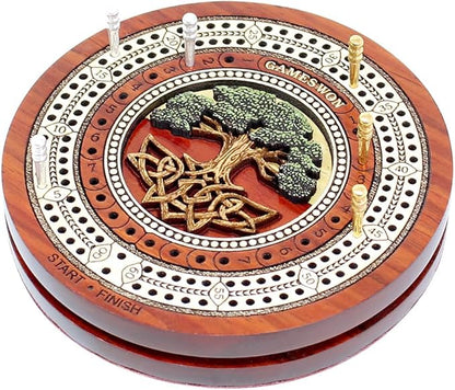 House of Cribbage - 2 Track 60 Points - Tree of Life Inlaid Wooden Travel/Pocket Size Cribbage Board - Size 4 Inch (Blood Wood/Maple Wood)