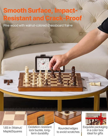 VEVOR 15-inch Magnetic Wooden Chess Set 2-in-1 Folding Chess and Checkers Game for Adults and Kids Portable Travel Chess Set with 2 Queens Ideal for Tournaments Professionals and Beginners