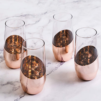 MyGift Modern Champagne Flutes, 11 oz Tilted Design Copper Stemless Champagne Flute Glasses, Set of 4