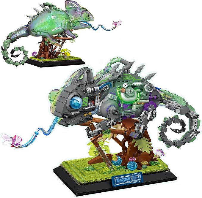 Cool Mechanical Chameleon Model Building Set for Adults Neon Body Dinosaur Animals with Light Insect Collection Building Toy Collectible Display Model Ideal Gifts (827 Pcs)