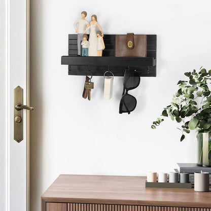 Lwenki Decorative Key Holder for Wall with Shelf, Entryway Shelf with Hooks Holds Leashes, Jackets and Glasses – Sturdy Wood Keyholder Entrance Hanger with Mounting Hardware (Black)