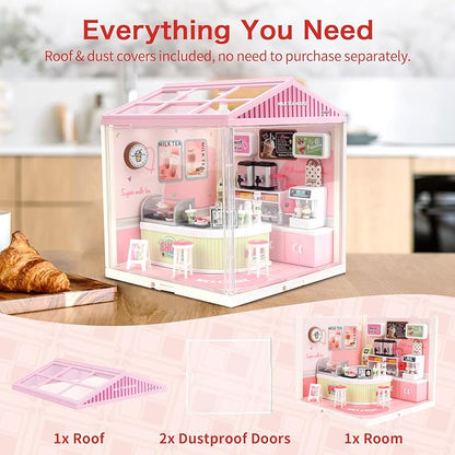 LED Building Blocks for Adults 1:24 DIY Miniature Dollhouse Kits with Roof &amp Dustproof Cover Tiny House Toy Building Sets for Kids Ages 8-12-15 Birthday Hobbies Gift for Men Women Boy Girl