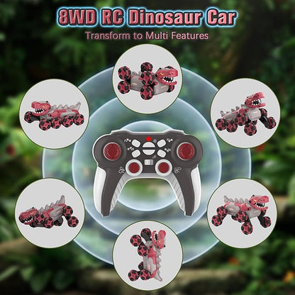 8 Wheels Dinosaur Transform RC Stunt Car - 2.4Ghz Remote Control Dinosaurs Monster Truck with Transforming &amp Spray &amp 360° Rotation Dinosaur Toys for Kids 5-7 8-12 Boy Christmas Birthday Gift