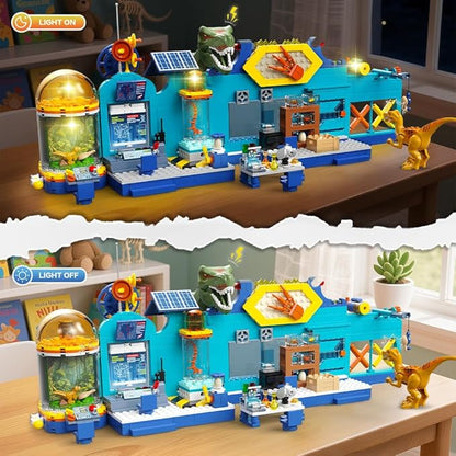 HOGOKIDS 2-in-1 Dinosaur Research Institute Building Set with Light - 837PCS Dino World Building Blocks Toys with 2 Dinosaur Figures Dinosaur Playset Birthday Xmas Gifts for Boys Girls Age 8-14 Years