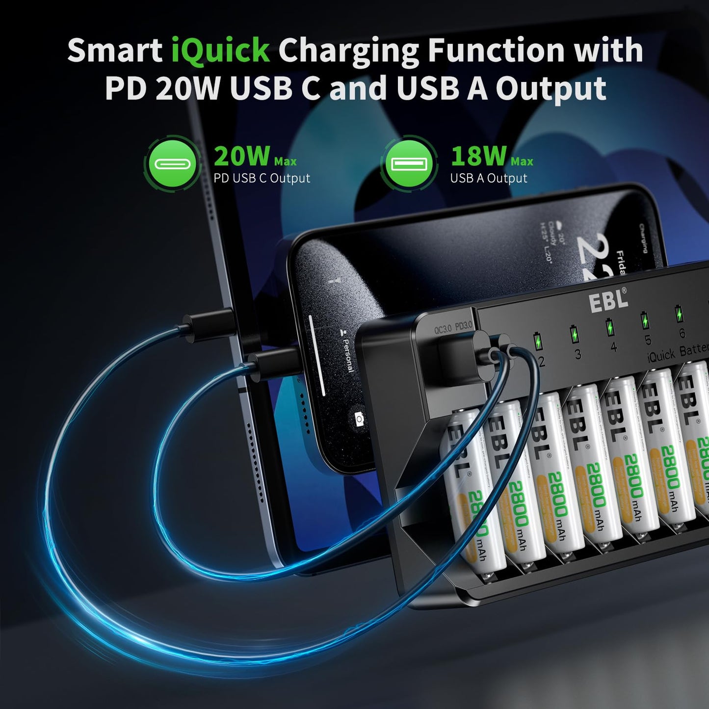 EBL 8 Bay Fast Rechargeable Battery Charger for AA AAA Ni-MH Ni-CD Batteries with PD 20W USB C and USB A Output Port