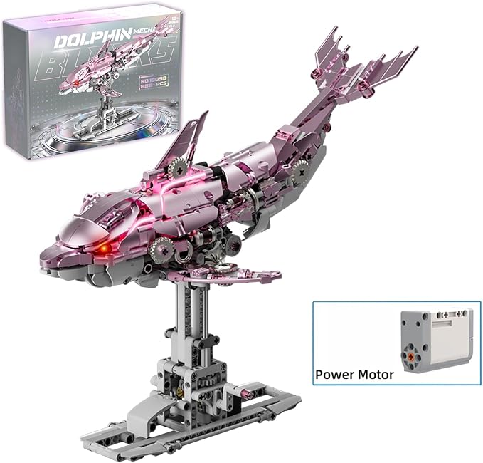 Mechanical Pink Dolphin Building Blocks Linkage Kit Sea Animal Model with Lighting Display Stand STEM Power Toy DIY Desktop Ornament for Kids &amp Adults Ages 12+ Birthday Gift Idea 888pcs