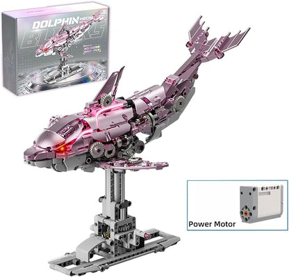 Mechanical Pink Dolphin Building Blocks Linkage Kit Sea Animal Model with Lighting Display Stand STEM Power Toy DIY Desktop Ornament for Kids &amp Adults Ages 12+ Birthday Gift Idea 888pcs