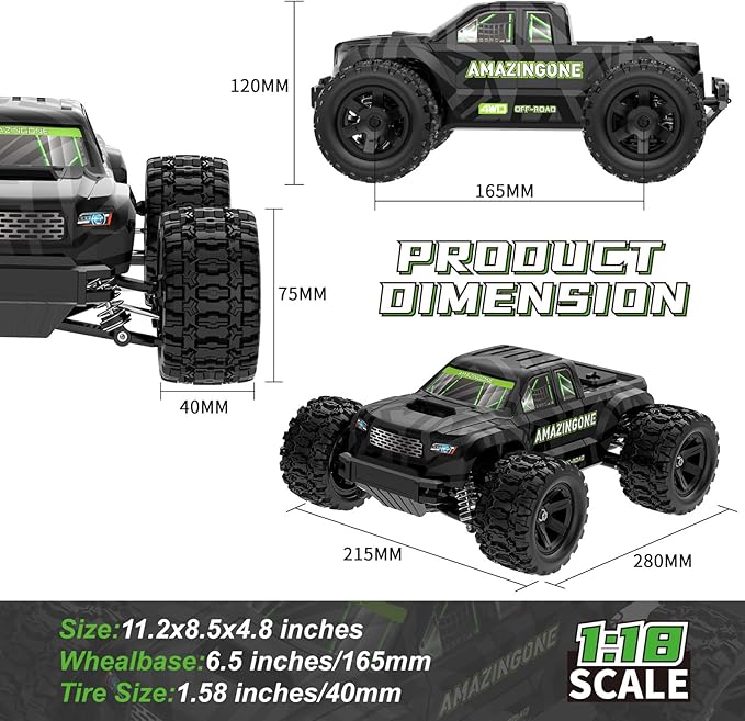 JT18W 1/18 Scale Fast RC Cars for Adults High Speed 35KMH 4WD with 2.4 GHzHobby RC Trucks Monster Remote Control Truck Off RoadAll Terrain RTR Remote Control Car with 2 Bettery