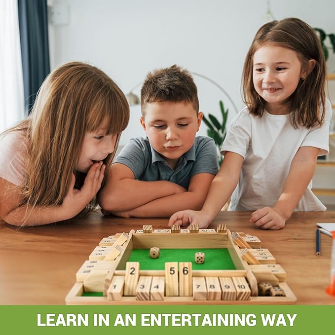 Ropoda Wooden Shut The Box Game (2-4 Players) - Large 4 Sided Board 8 Dice Rules - Amusing Addition Game for Kids &amp Adults 12 Inch