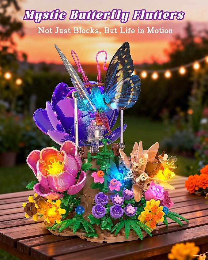 JMBricklayer Butterfly Building Set with Light for Adults Botanical Flowers Collection Building Blocks Set Creative Birthday Valentine's Day Gift for Women Mom Girlfriend Wife