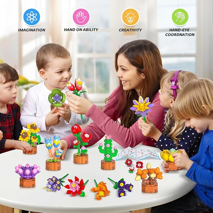 24 Pack Easter Basket Fillers Flowers Party Favors for Kids Building Set - 827PCS Botanicals Succulent 3.6MM Mini Building Blocks Toy for Goodie Bag Stuffer Classroom Prize Gift for Kids Girls Boys 6+