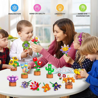 24 Pack Easter Basket Fillers Flowers Party Favors for Kids Building Set - 827PCS Botanicals Succulent 3.6MM Mini Building Blocks Toy for Goodie Bag Stuffer Classroom Prize Gift for Kids Girls Boys 6+