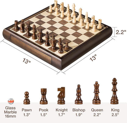 2 in 1 Magnetic Chess Set &amp Chinese Checkers 13 Wooden Board Game with Storage Drawer and 60 Glass Marbles + Bonus 12 Spare &amp 2 Extra Queensfor Kids and Adults