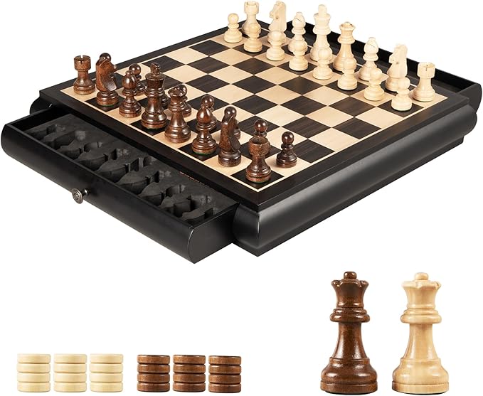 VAMSLOVE Wooden Chess Checkers Game Set 15.5 Large Size Board w/Storage Drawers Weighted Chess Pieces - 2 Extra Queens 3 King Gift for Birthday Housewarming Retirement - Black