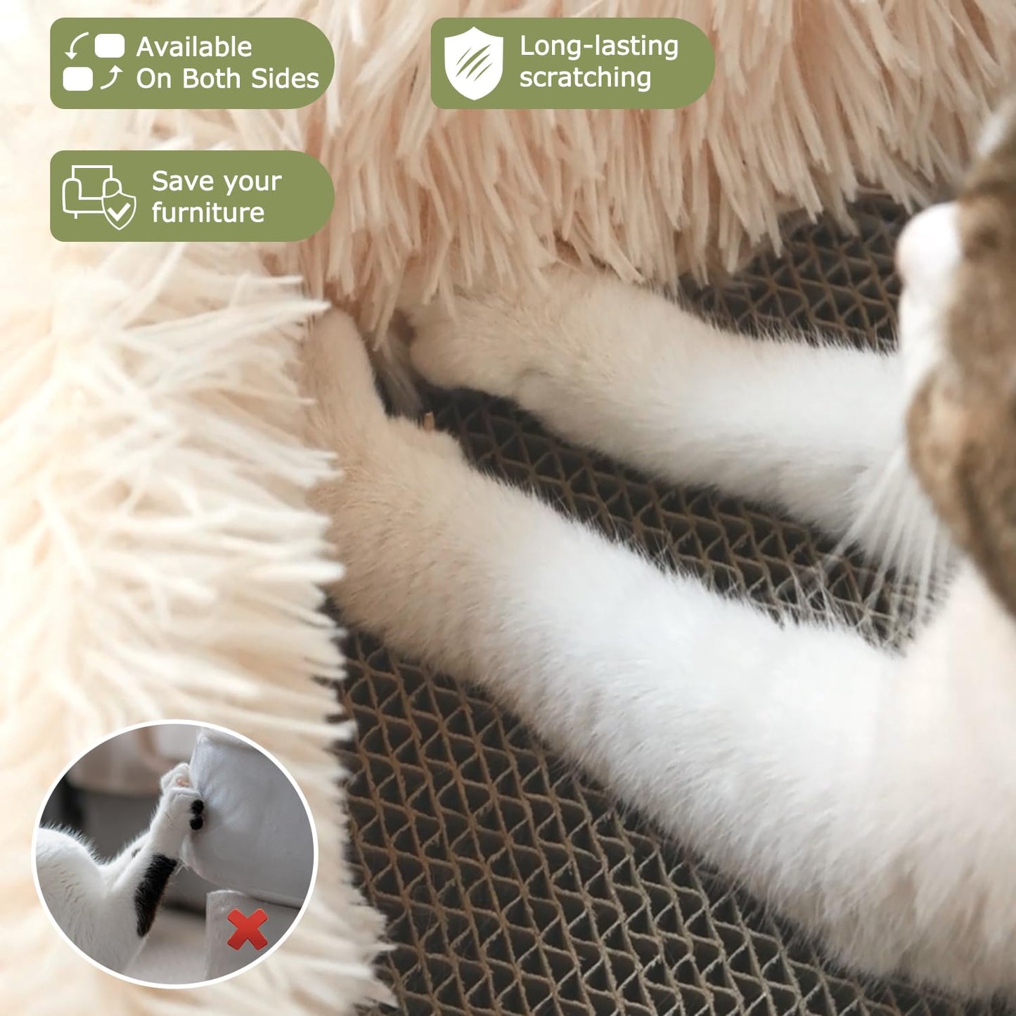TIGOADT Fluffy Cat Scratcher Lounge Box with Removable Cardboard,Cat Rectangular Bed with Corrugated Board, Pet Scratching Pad for Furniture Protection, Training Toy (Beige)