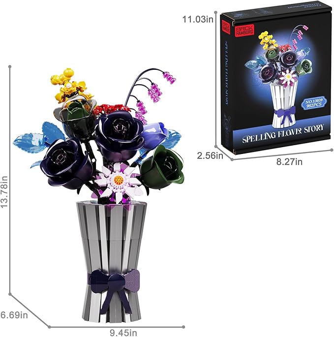 Flowers Bouquet Building Set 982 PCS Multiple Rose Botanical Collection Kit Artificial Flowers Botanical Collection DIY Unique Home&ampOffice Bonsai Decoration Gift for Valentine's Day Christmas