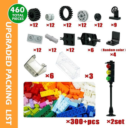 BroTex Wheels and Axles Sets with Steering Wheels&amp &ampWindshield&ampTraffic Light Over 400pcs Classic Bricks Pieces and Car Parts Kits Basic Bulk Building Blocks Vehicles with Tires