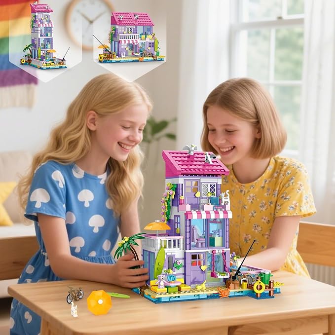 3 in 1 Pink Girls Beach House Building Set with Light Seaside Villa Friends Building Toys Compatible with Lego Friends Construction Educational Toy for Adults &amp 14+ (961 PCS)