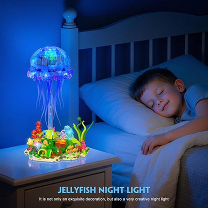 Jellyfish Building Set with LED Lights Floating Jellyfish Lamp for Home Decor Ocean Animal Collection Model with Coral &amp Seaweed Creative Display Gift for Adults Teens 14+