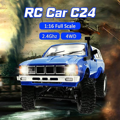 WPL C24 1/16 RC Rock Crawler 4x4 Truck with 3 Upgraded 1200mah Battery 2.4GHz Remote Control Off-Road Pick-up RTR for Men (Blue)